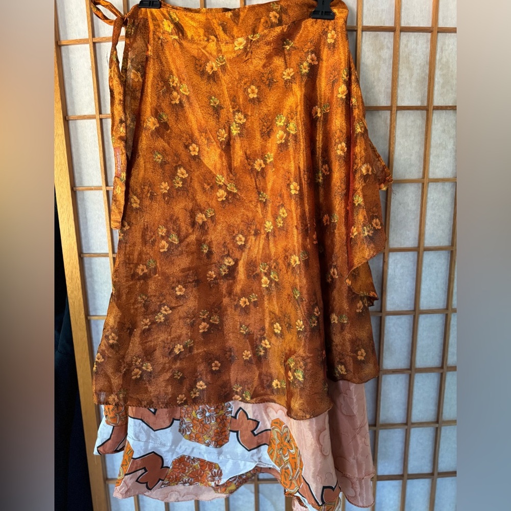 Floral Orange and Brown Silk wrap skirt S/M/L